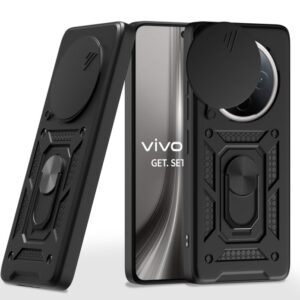 Vivo T4 5G / Iqoo Z10 5G |360 Protection Case|Sliding Camera Sheild Cover & Ring Holder Stand Back Cover|D10 Tough Armor Bumper Case (Black)